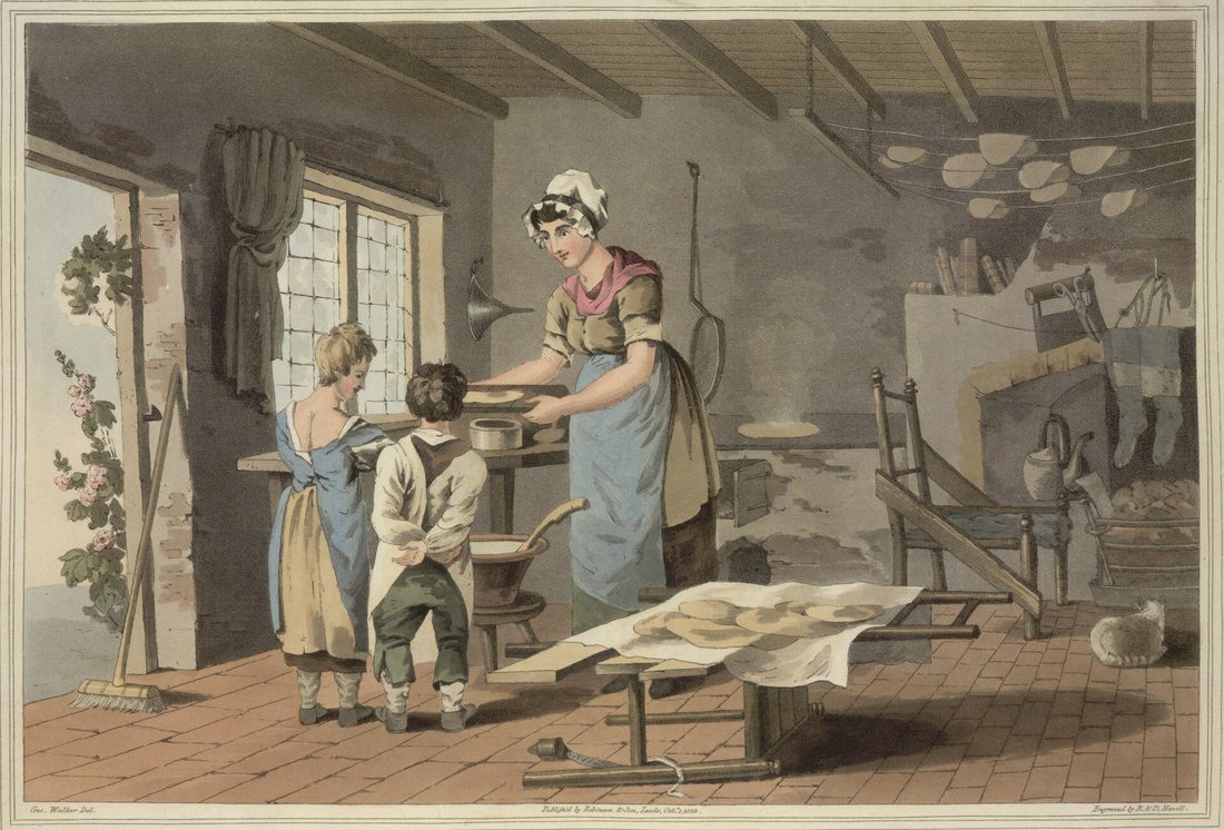 A hand-coloured 1814 print of a woman baking oatcakes on a bakestone in a cottage kitchen, with oatcakes hung to dry on a rack overhead