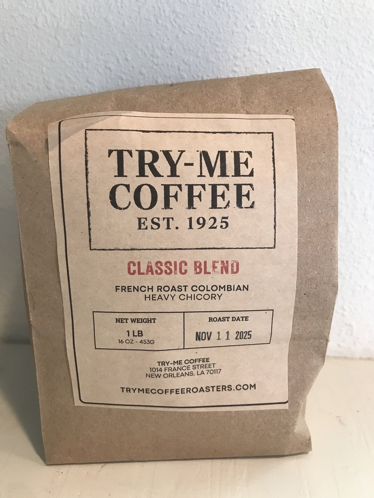 New Orleans chicory blend, still sold exactly as the blockade left it: "French Roast Colombian, Heavy Chicory." A wartime substitution that outlived the war because people liked it