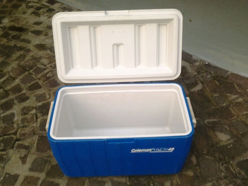 An open blue and white hard-sided cooler with its lid propped up