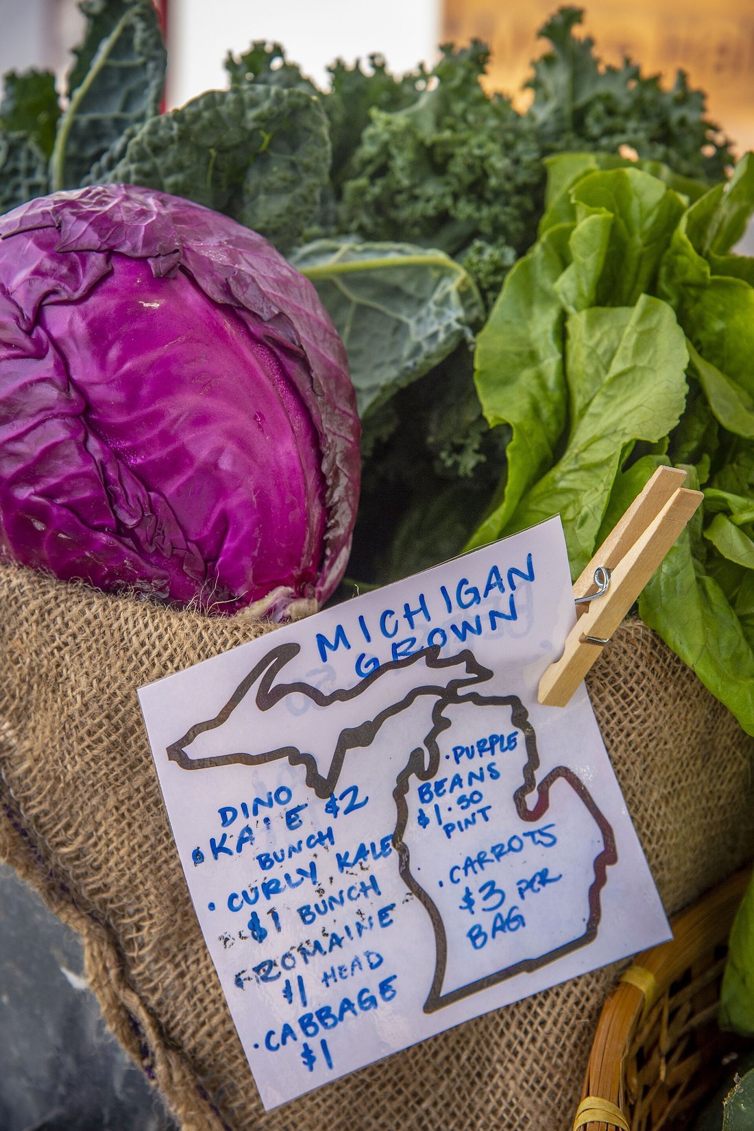 A hand-lettered price sign reading Michigan Grown, clipped to a burlap sack beside a red cabbage