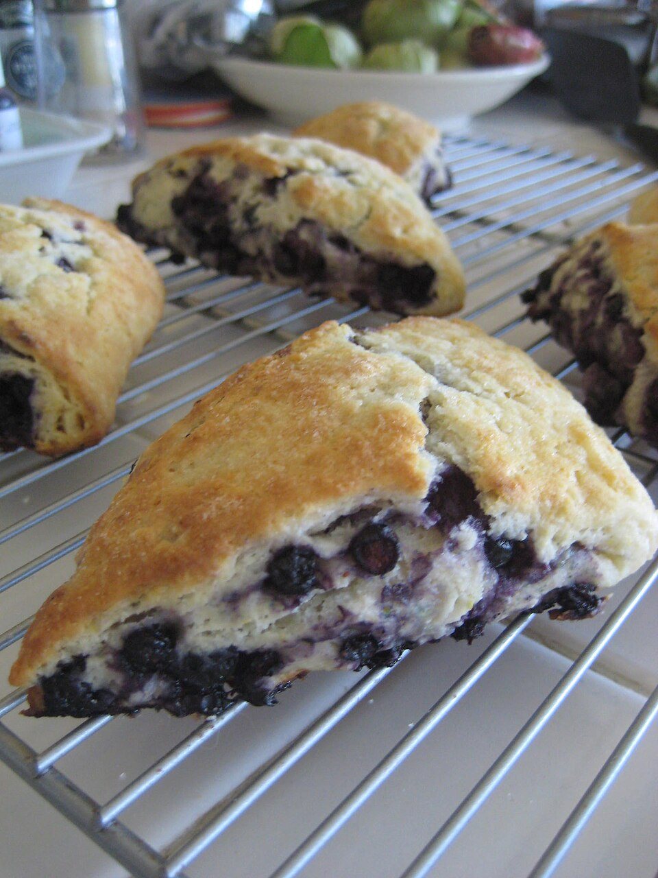 Blueberry scones cooling on a wire rack