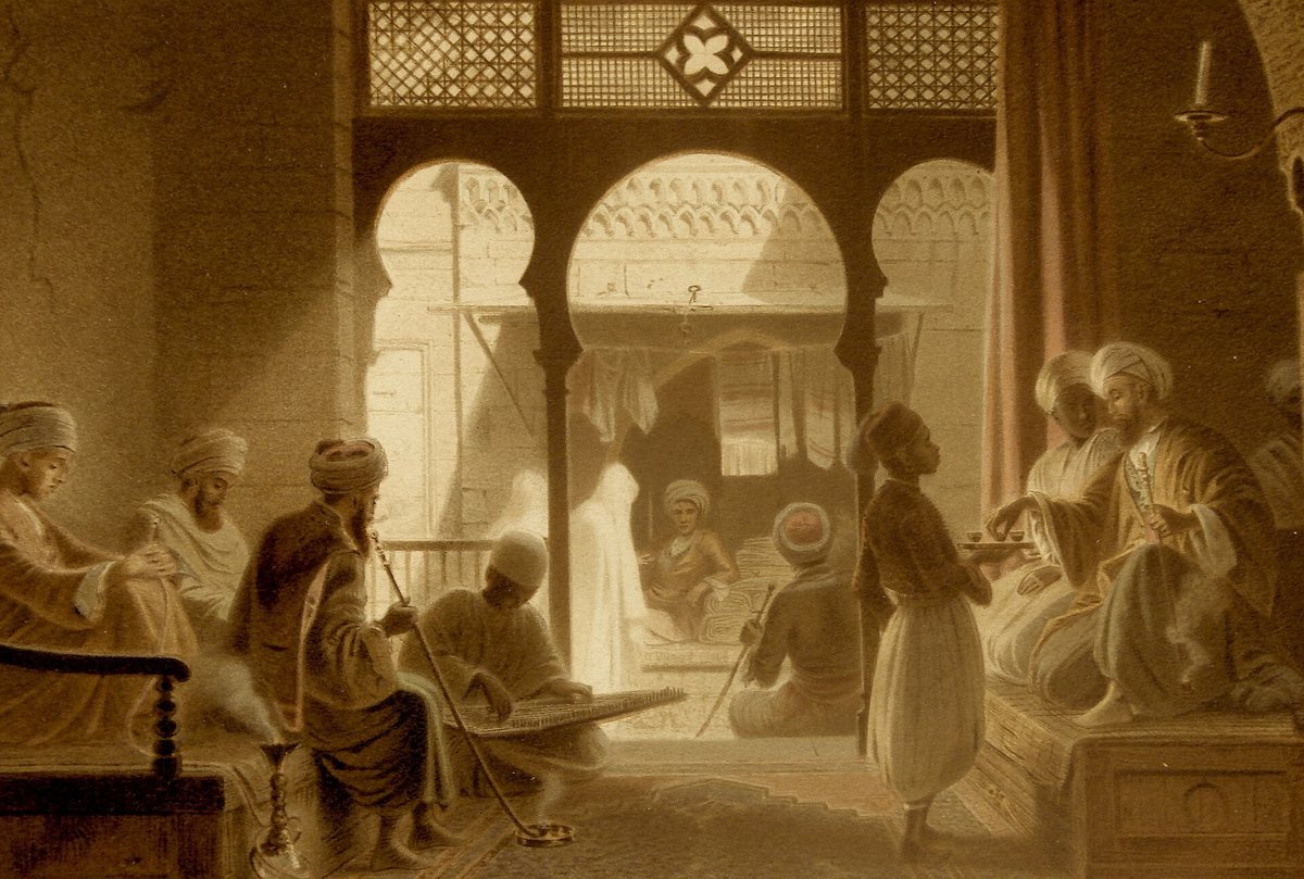 A coffee scene in 18th-century Cairo — the coffeehouse spread through Mecca, Cairo and Damascus before it ever reached Europe