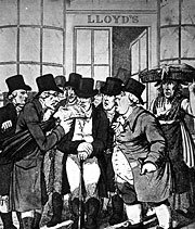 Edward Lloyd's coffeehouse. The men in the hats are doing insurance — this room is the ancestor of Lloyd's of London, and it started as somewhere to read the shipping news over a penny cup