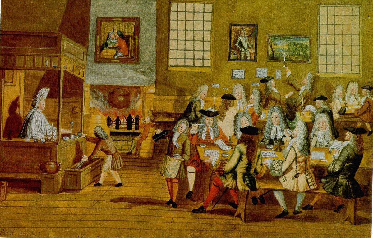 Inside a London coffee-house. A penny at the bar, a seat at a long table, the papers on it, and anyone allowed to argue with anyone. This room did more for the 18th century than most institutions with charters