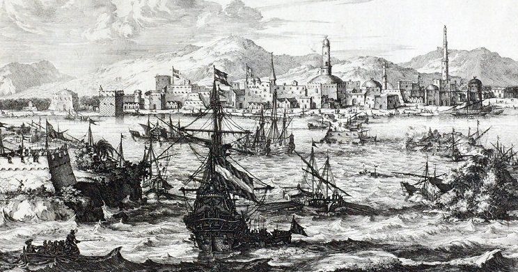 The harbour at Mocha in a 1680 engraving — for two centuries, the world's coffee left through this one Red Sea port
