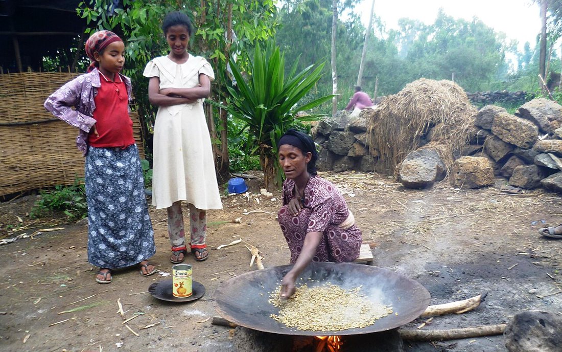 A woman in Bahir Dar, Ethiopia, stirring coffee beans in a wide shallow pan over a wood fire outdoors while two girls watch