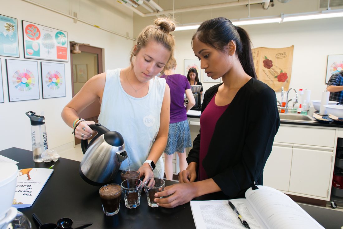 Two students pour hot water from a kettle into a row of small glasses of ground coffee on a lab bench