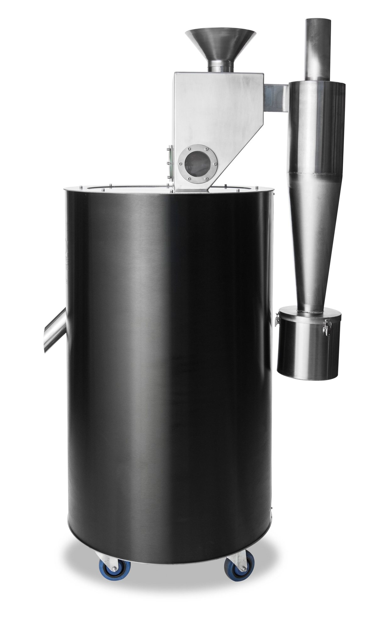 A fluid-bed air roaster with its cyclone alongside — the small tube on the right. Hot air both heats and tumbles the beans, and the cyclone catches the chaff that comes off. Same principle at 100 g or 25 kg