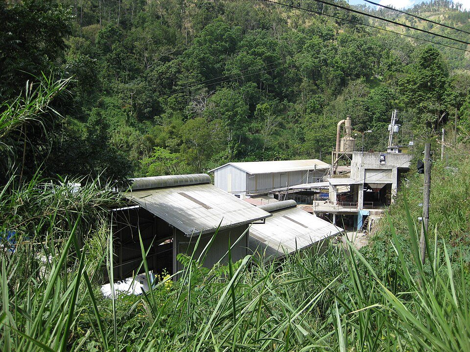 Looking down a grassy hillside at the tin roofs and concrete buildings of a coffee factory in a forested valley