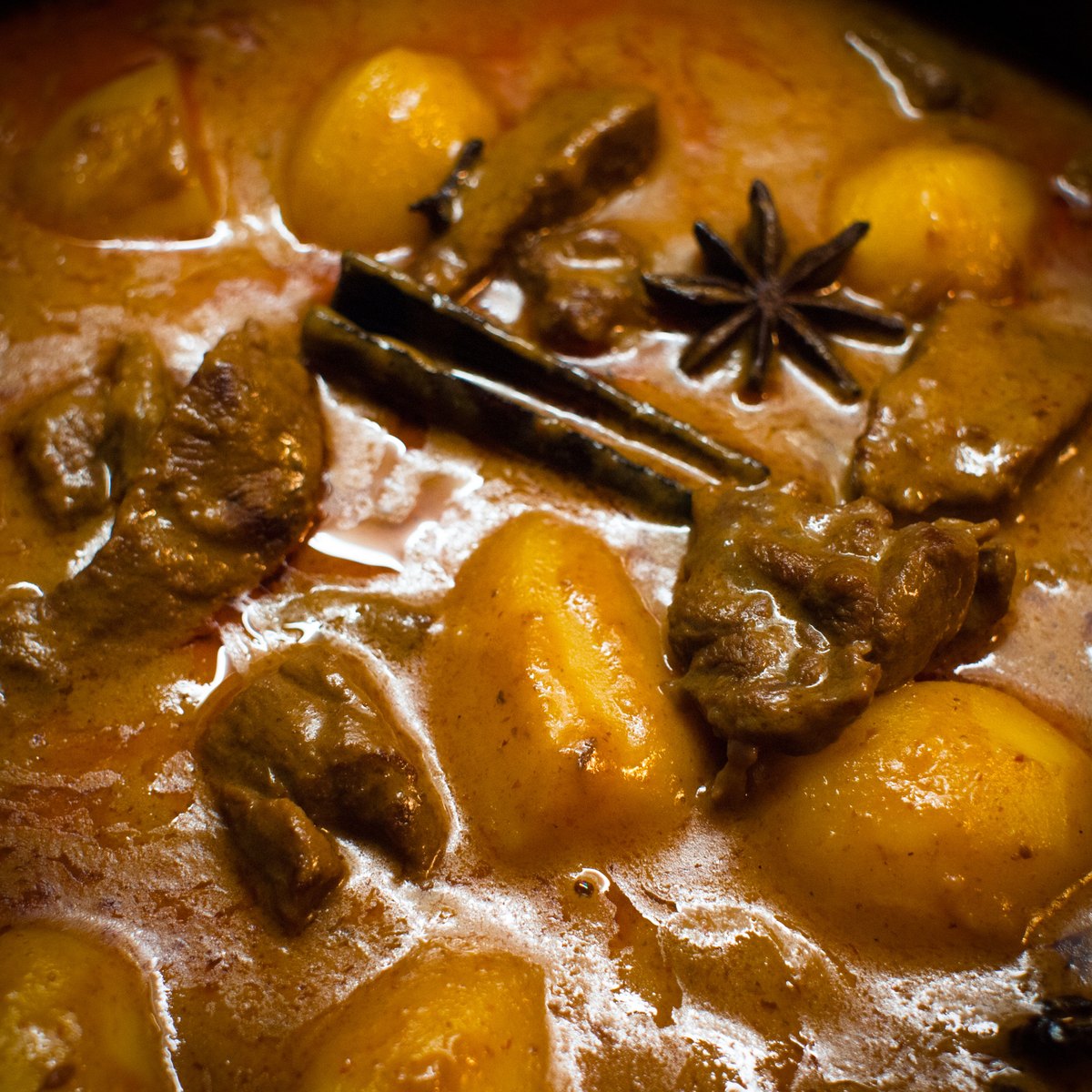 A massaman curry with beef, potato and peanuts, thicker and browner than the other Thai curries