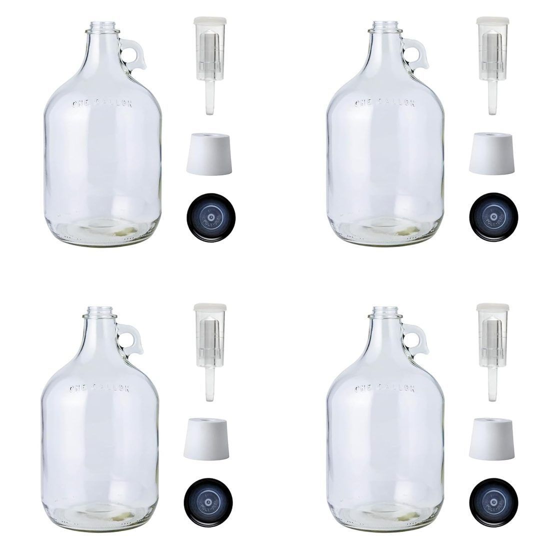Glass jugs fitted with three-piece airlocks and rubber bungs. The same parts sit in the brewing drawer