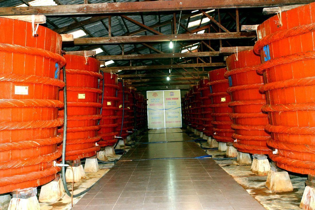 Fish-sauce fermentation vats. Anchovies and salt at roughly one part salt to three parts fish, for a year or more