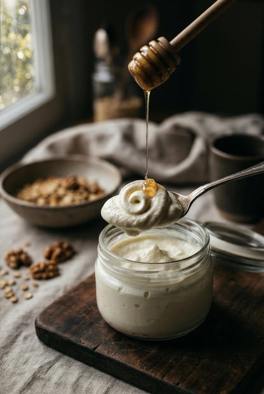 Strained yogurt, thick enough to hold the spoon up