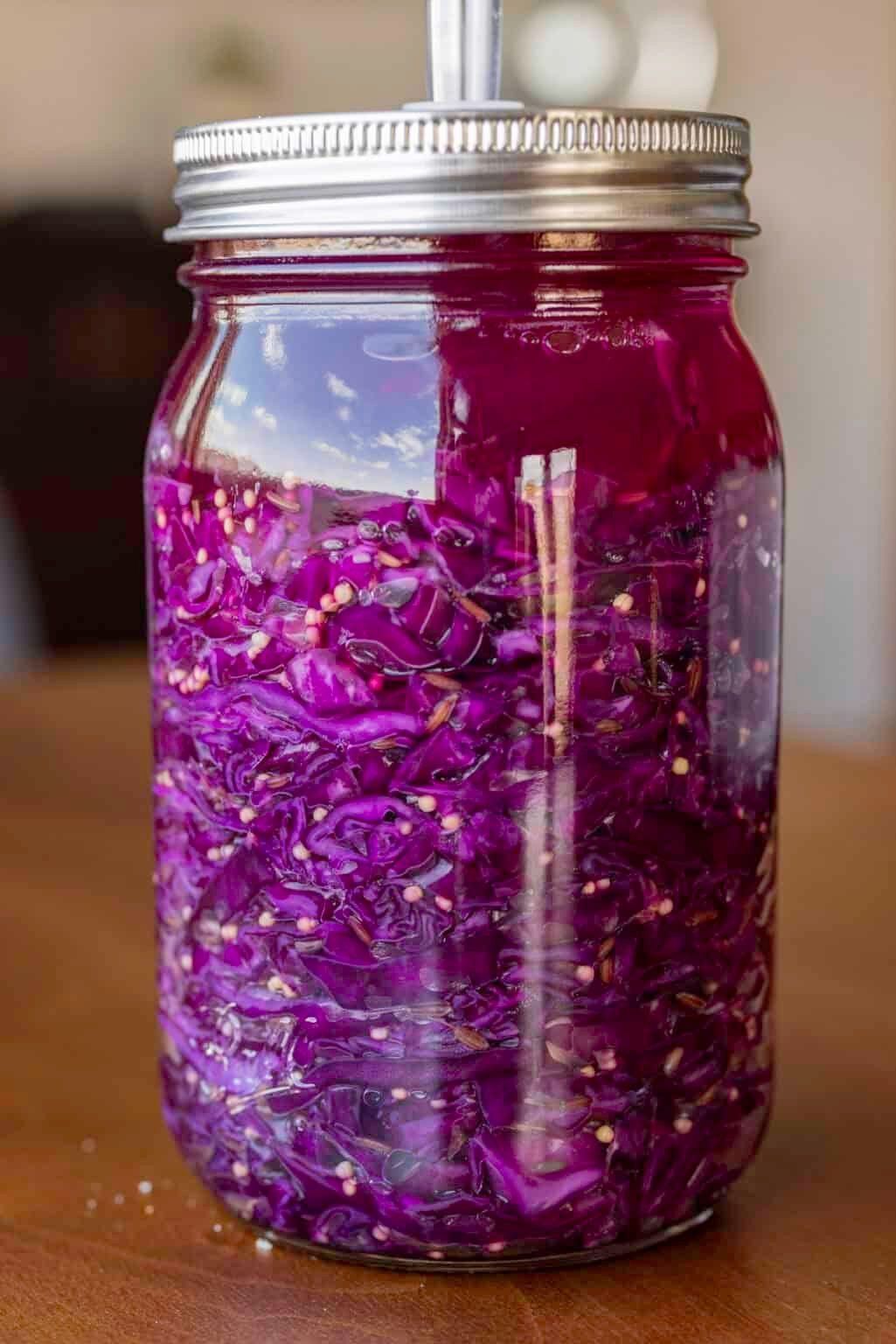 Red-cabbage kraut. The acid shifts the anthocyanins and it comes out this magenta — no dye, just chemistry