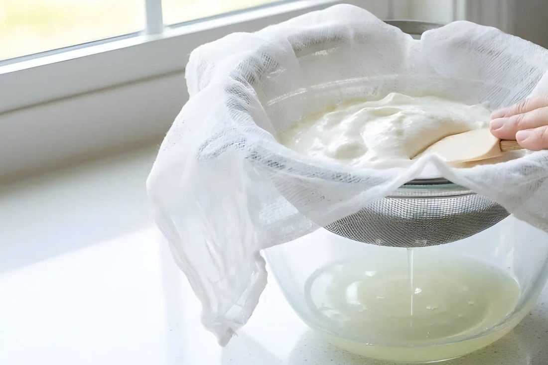 Yogurt straining in cheesecloth over a sieve, whey dripping into the bowl below. About half the volume leaves this way