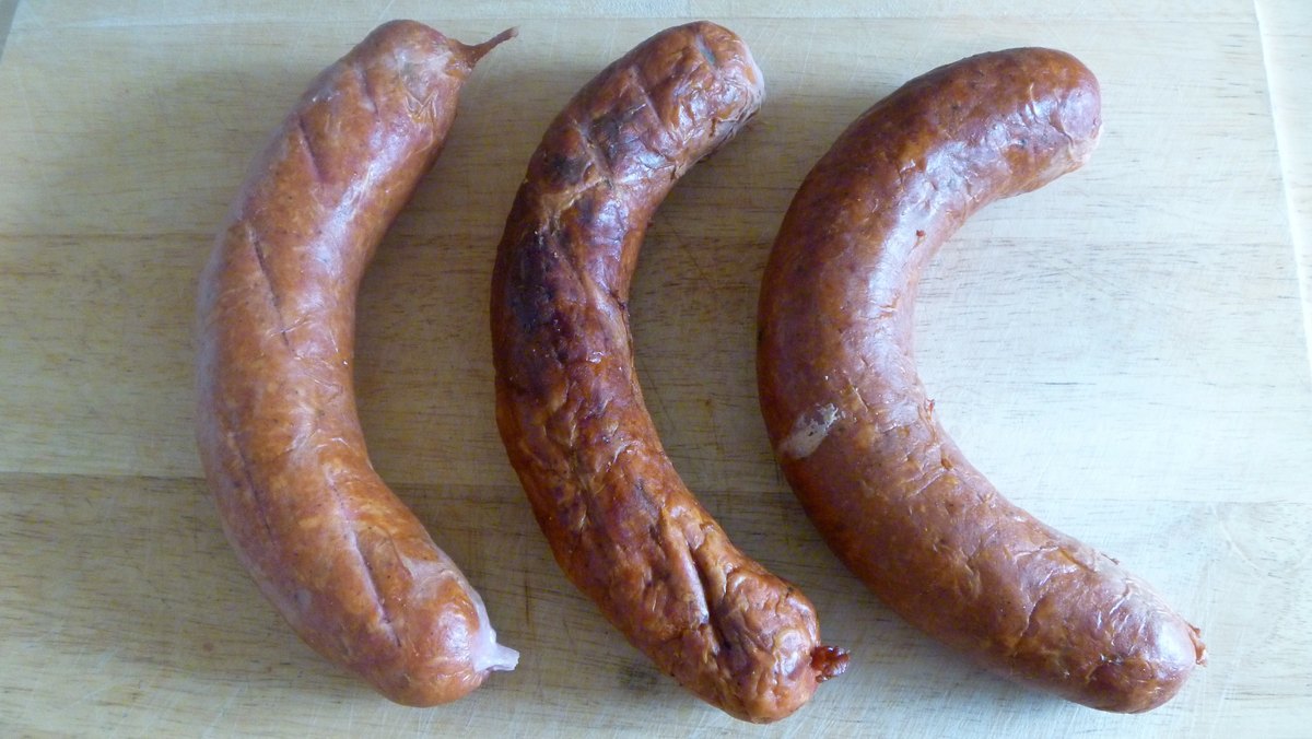 Andouille — coarse, heavily smoked, and not the same thing as the French sausage that shares its name