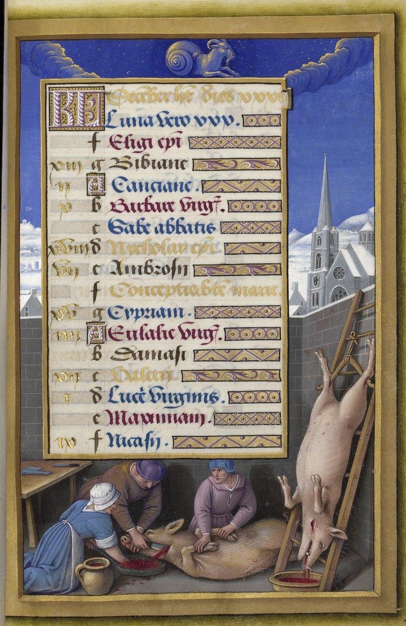 A December calendar page from a French Book of Hours: below the text, a pig is bled into a pan while a carcass hangs on a ladder