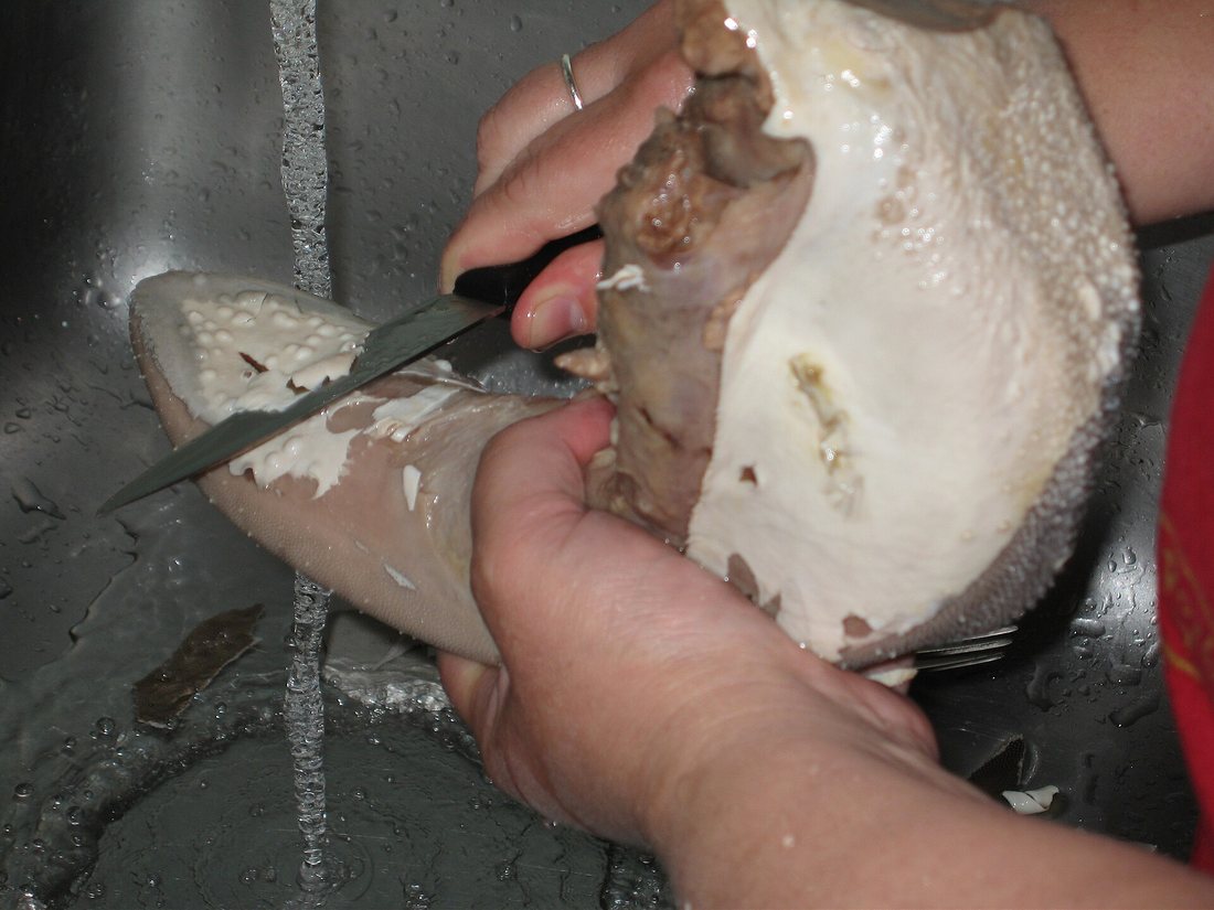 Hands peeling the thick skin off a whole cooked beef tongue under running water
