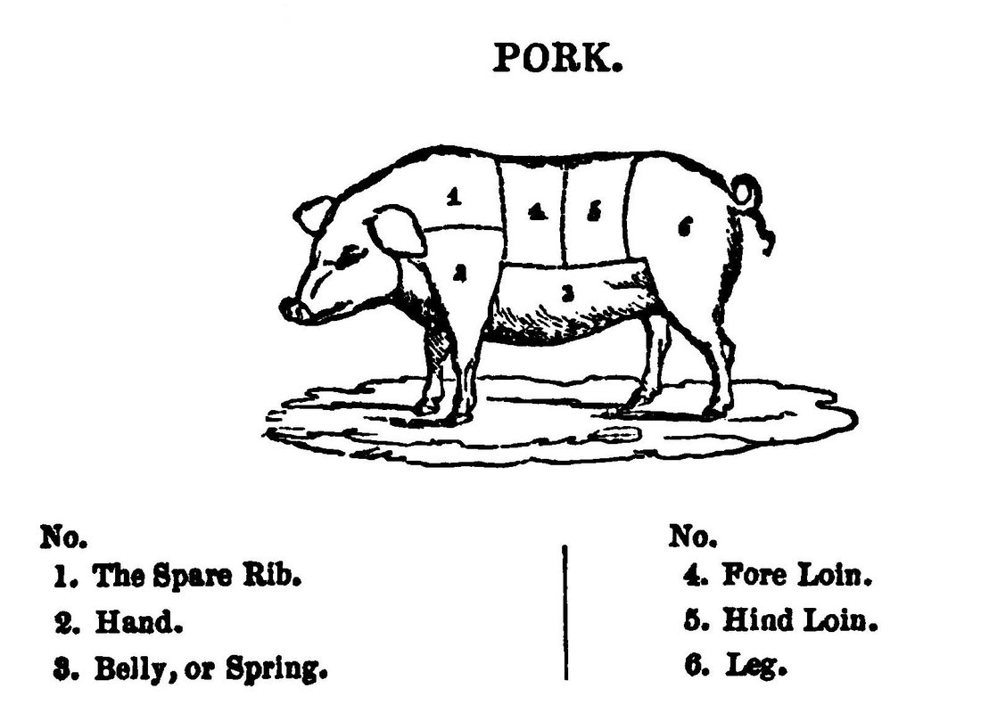 A nineteenth-century engraving of a pig divided into numbered cuts