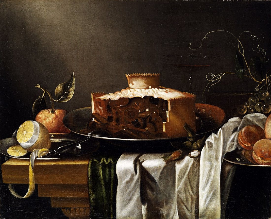 A seventeenth-century Dutch still life: a tall raised pie with its crust cut open on a pewter dish, beside a peeled lemon and a folded white cloth