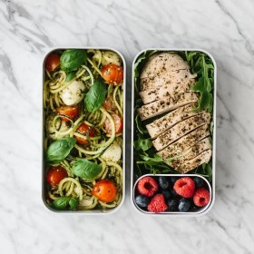 Bento Box, Zucchini Noodle Caprese and Baked Chicken