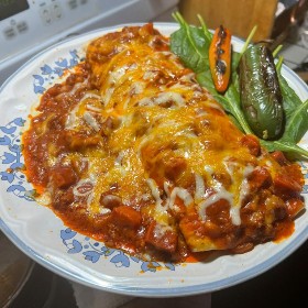 Burrito, Beef and Bean, Smothered with Red Chile Chimayo
