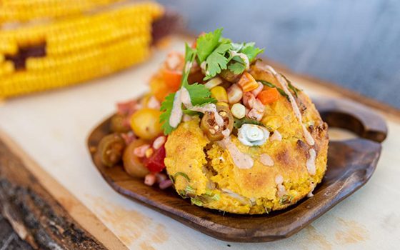 Cajun Crab Corn Cakes With Pickled Okra Maque Choux