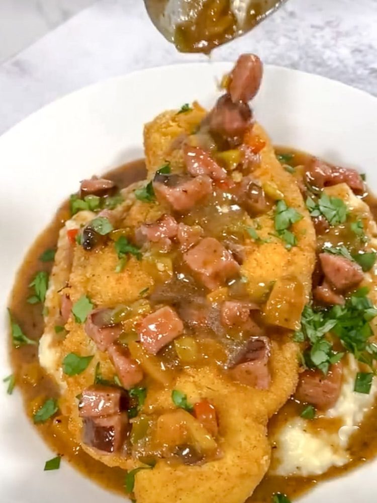 Cajun Fried Fish and Grits with Andouille Gravy
