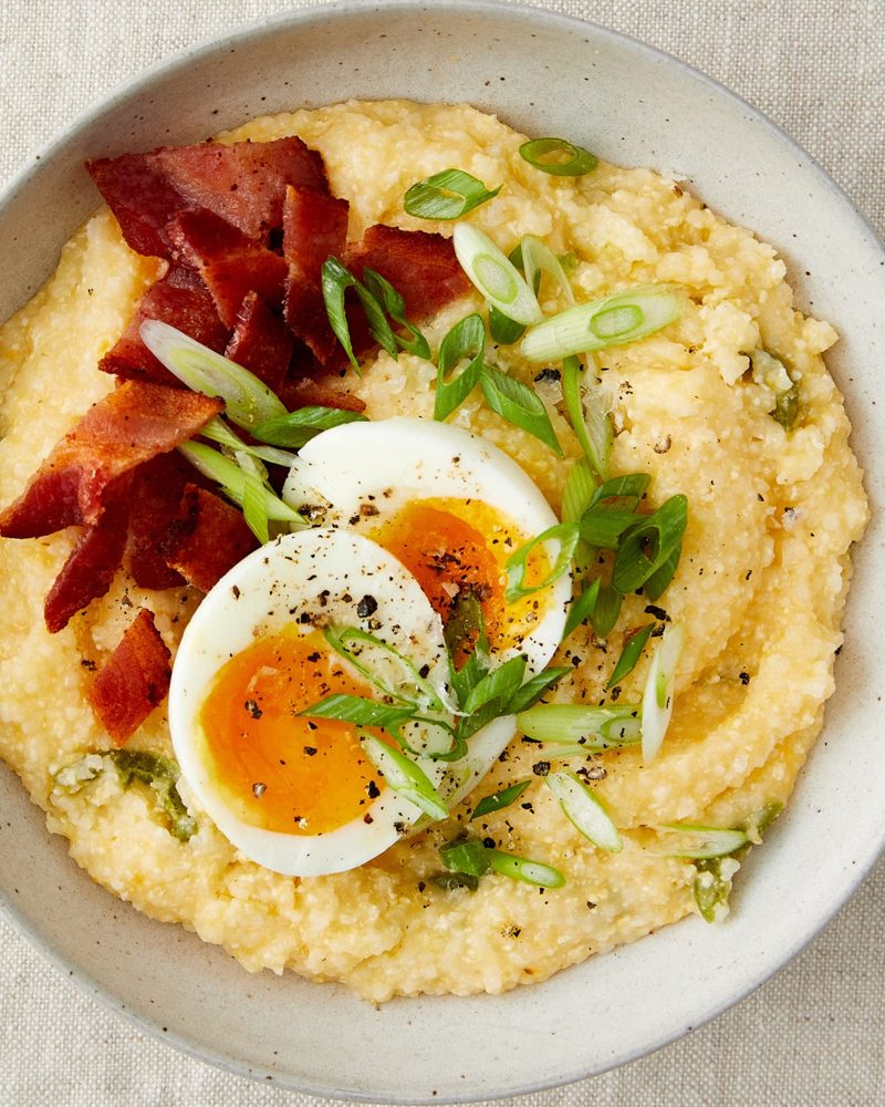 Jalapeno Cheese Grits with Jammy Eggs and Bacon