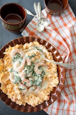 Lighter Shrimp Florentine over Tomato Grits (Paula Deen)