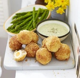Mini Smoked Haddock Scotch Eggs with Asparagus Dippers & Watercress Mayonnaise