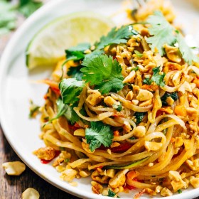 Rainbow Vegetarian Pad Thai with Peanuts and Basil