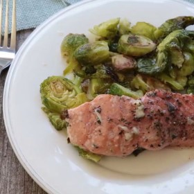 Salmon, Garlic Roasted with Brussels Sprouts