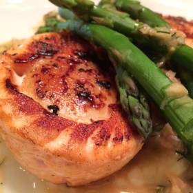 Salmon Wrapped Scallops, with Lemon and Dill Beurre Blanc