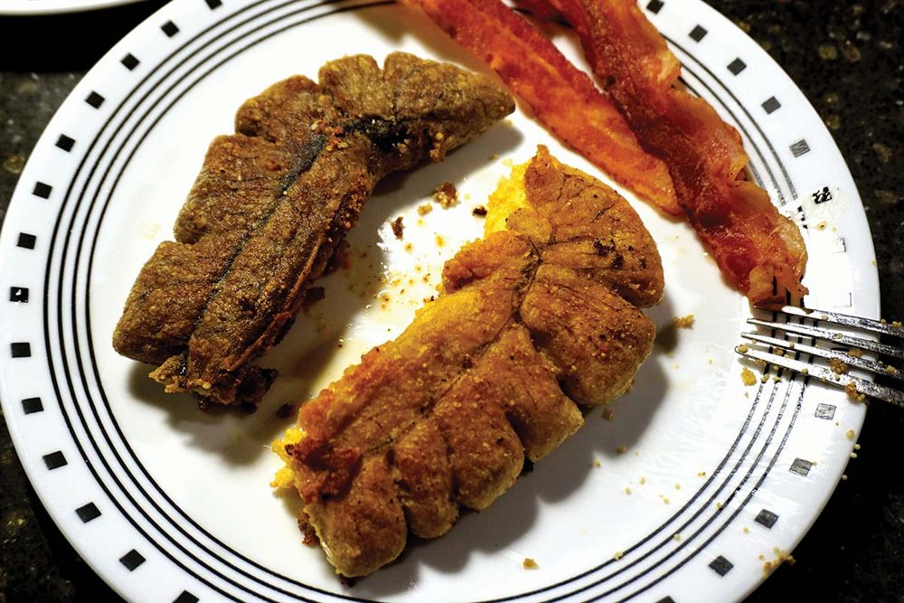 Shad Roe with Bacon and Grits
