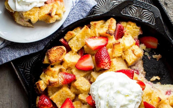 Strawberries & Cream Skillet Bread Pudding