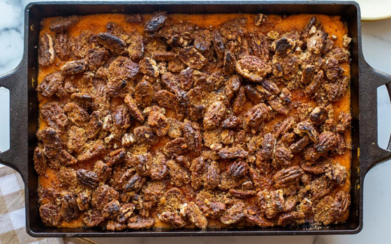 Sweet Potato Casserole With Spicy Bourbon Pecans