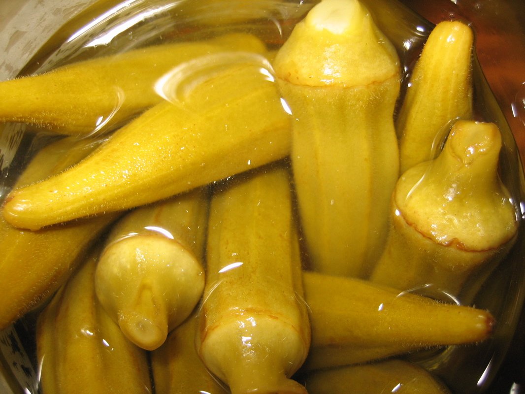 Pickled okra in brine — the pickle that converts people who are certain they hate okra, because the vinegar and the whole intact pod together defeat the sliminess
