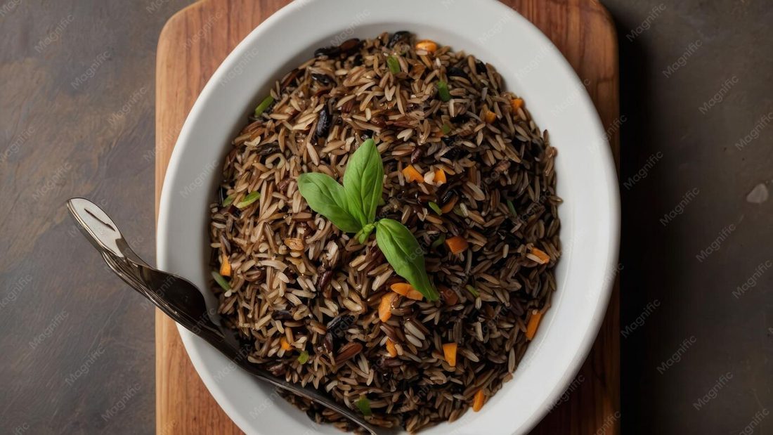 A bowl of cooked wild rice, many grains split and curled open to show the pale interior against the dark bran, steam rising