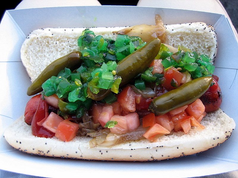 A Chicago dog, “dragged through the garden” — the German frankfurter remade by a city into something entirely its own.