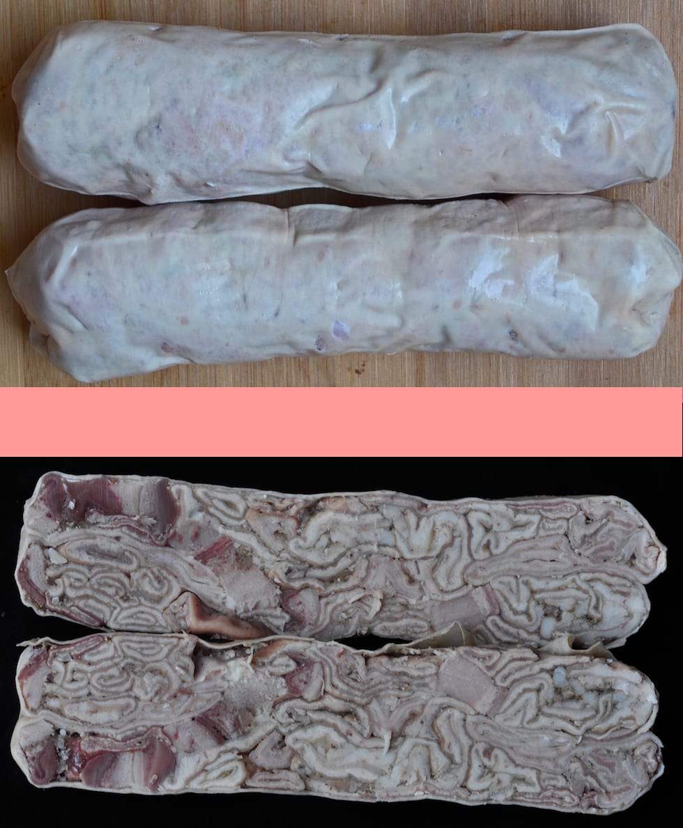 Andouillettes cut across to show the unmistakable parallel strands of packed intestine — not a ground texture at all
