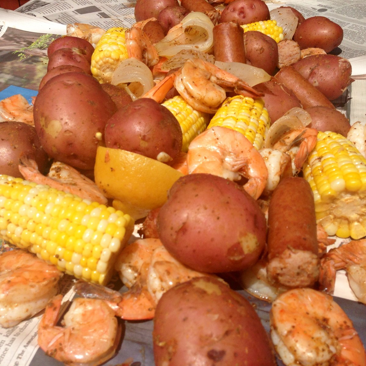 A Lowcountry boil — shrimp, sausage, corn and potatoes out of one pot