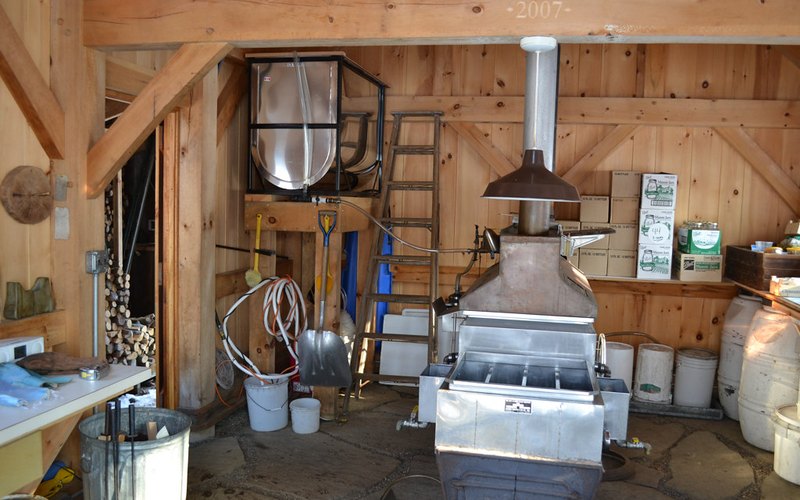 Inside a small working sugarhouse: a divided-pan evaporator boiling under a stainless steam hood that vents through a stack in the roof, with a head tank mounted on the wall above feeding sap down to the pan