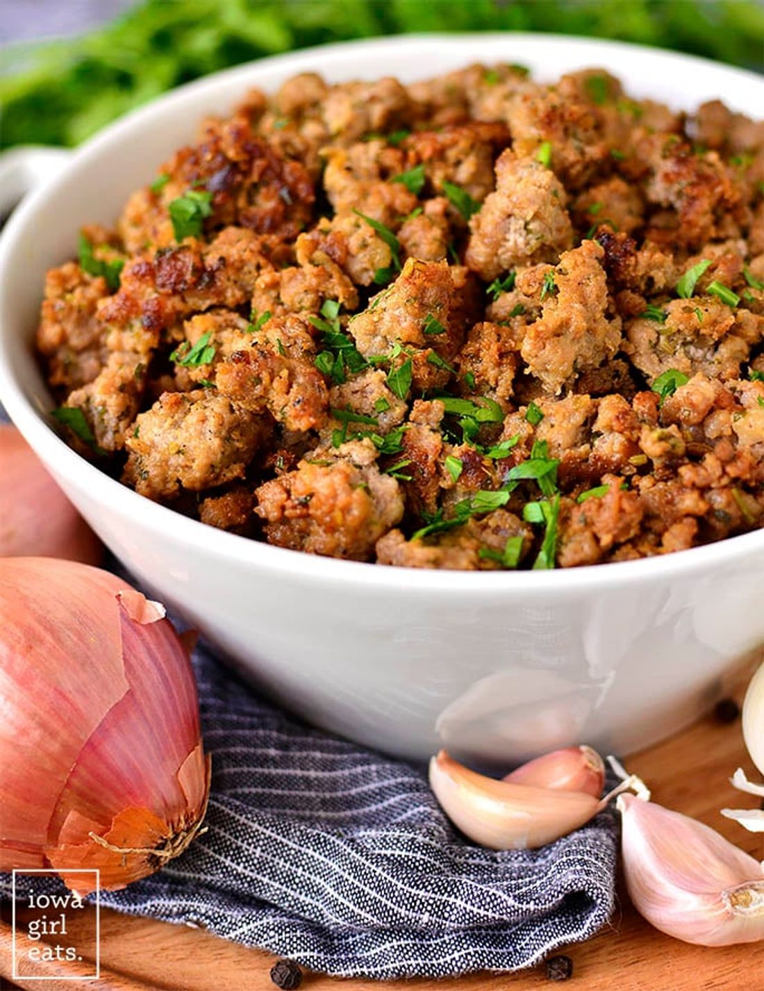 Seasoned ground pork sausage browned into loose crumbles