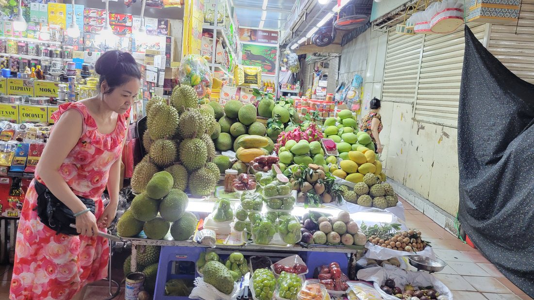 The fruit stalls — durian, pomelo, jackfruit, dragon fruit, and a lot I did not get names for