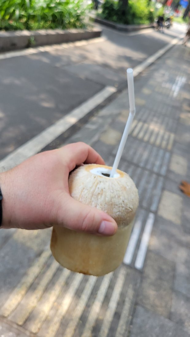A young coconut with the top cut off and a straw in it, in my hand, on the pavement, one o'clock in the afternoon on 15 March