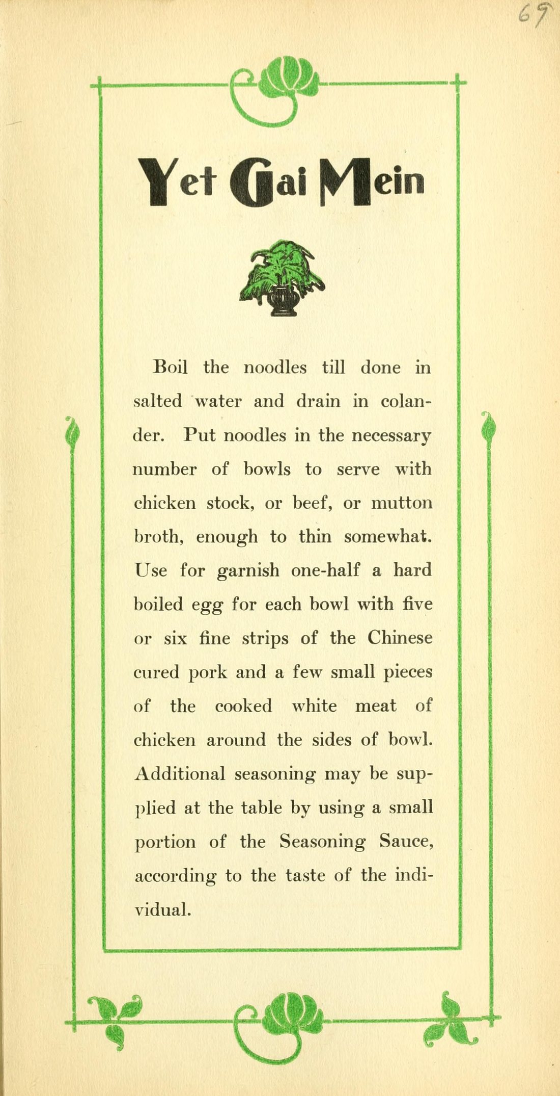 A decorated cookbook page headed Yet Gai Mein, with a short recipe for noodle soup