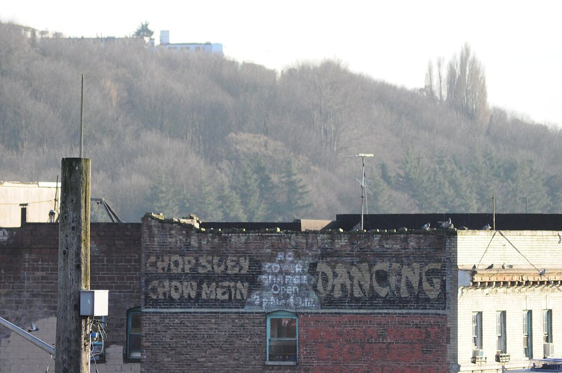 A faded painted sign reading Chop Suey Chow Mein on an old brick building